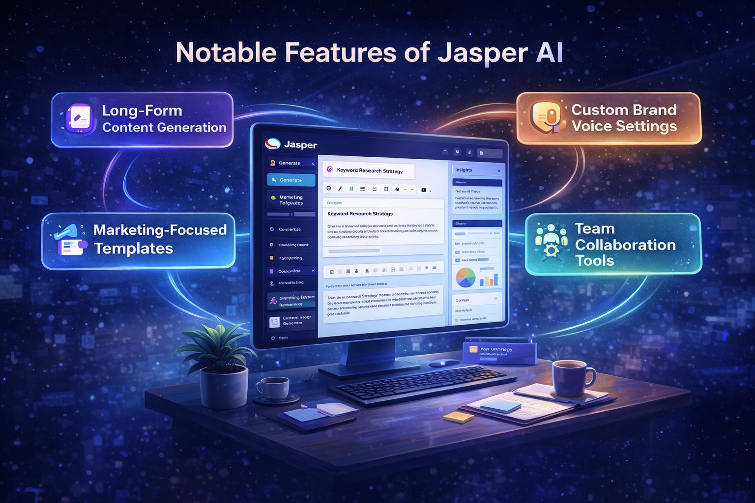 Jasper AI dashboard showing AI writing features, content editor, and marketing tools