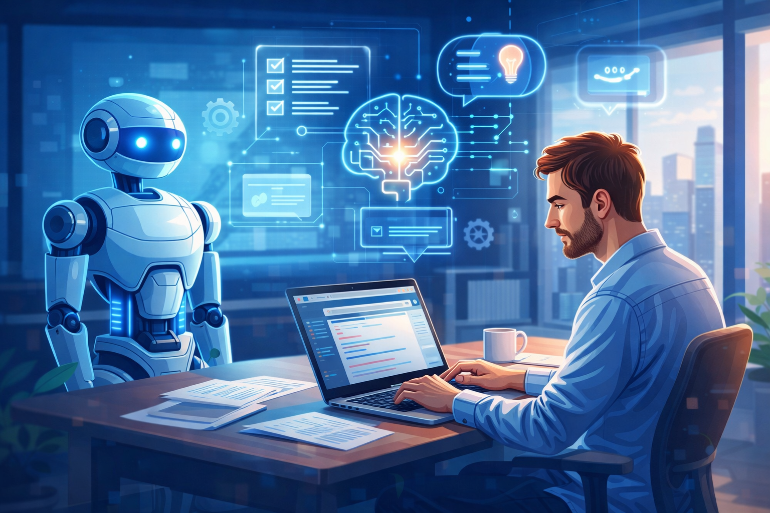 AI content strategy framework showing how humans define intent and structure while artificial intelligence produces outputs