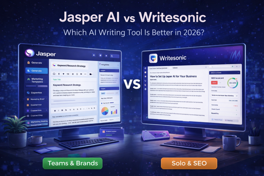 Jasper AI vs Writesonic comparison showing two AI writing tools side by side