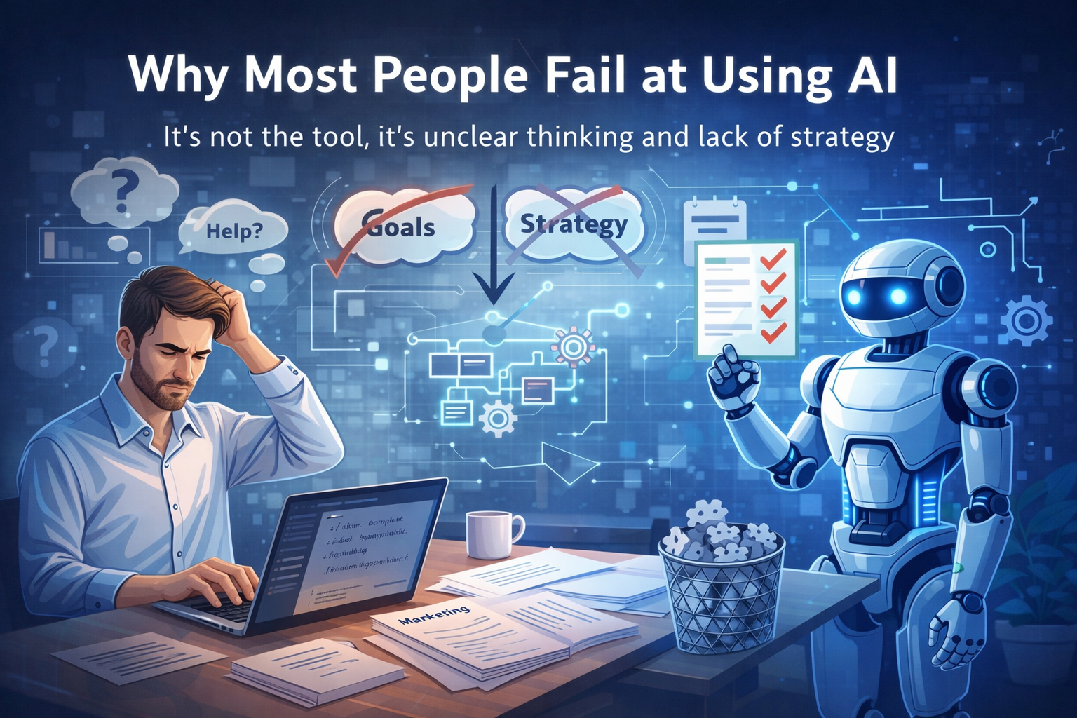 Illustration showing why people fail at using AI due to unclear thinking and lack of strategy, not because of the tools themselves